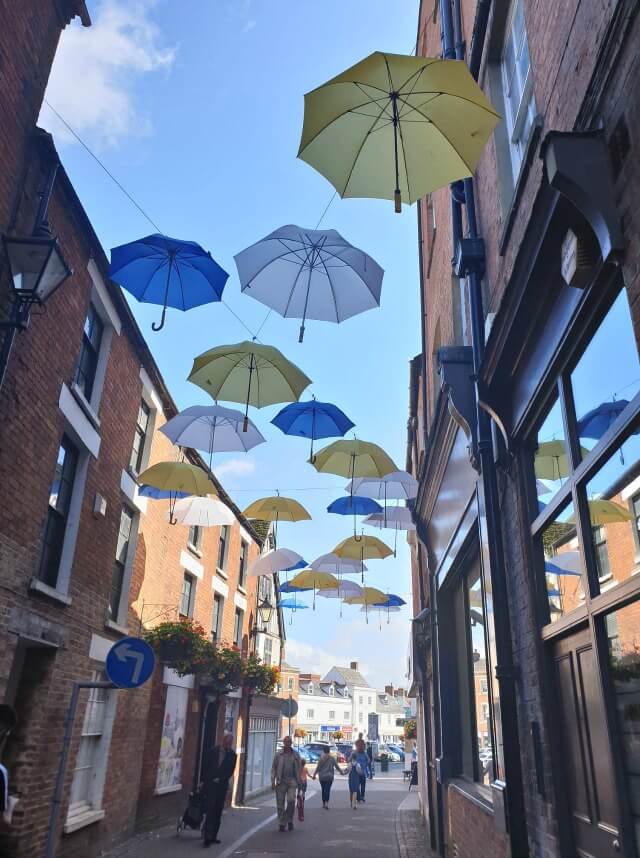 umbrellas displays in shopping street Banbury