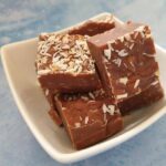 side view of toasted coconut fudge dish