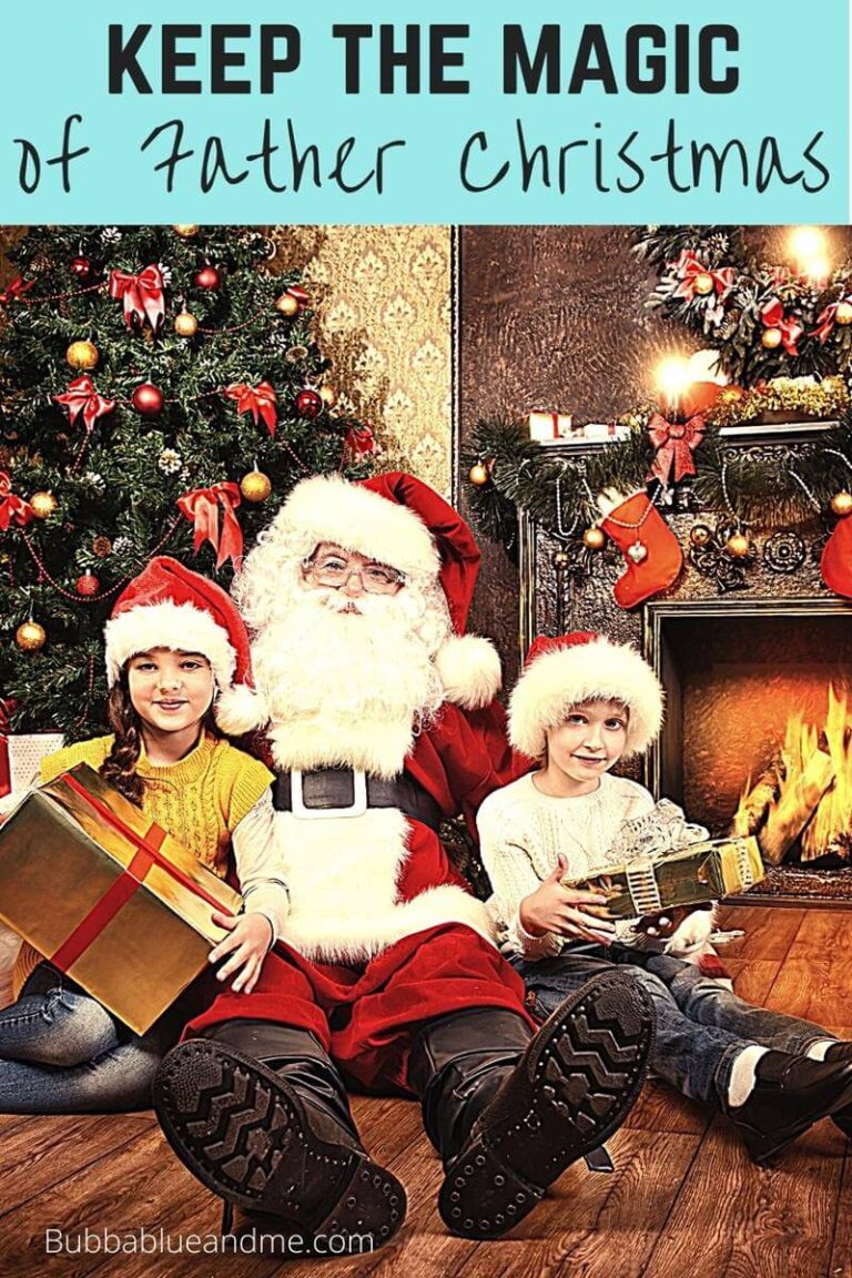 How to keep the magic of father christmas alive - image of Father Christmas with 2 children in santa hats in front of Christmas tree