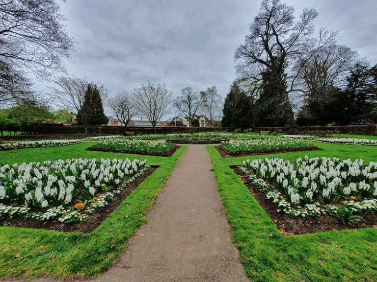 looking down a path with white flowers in flower beds either side in circular shape