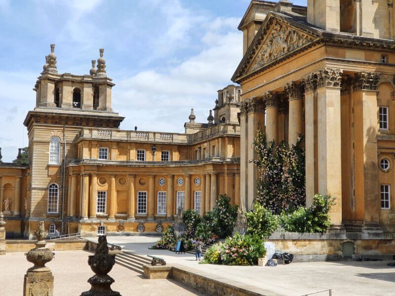 floral decorations outside blenheim palace frontage