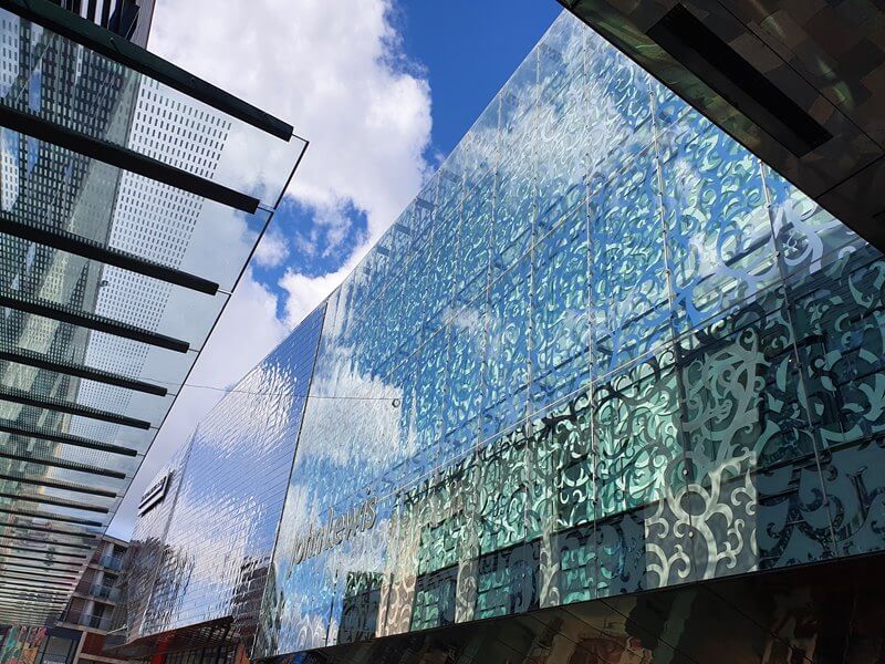 highcross shopping centre facade with glass and reflections