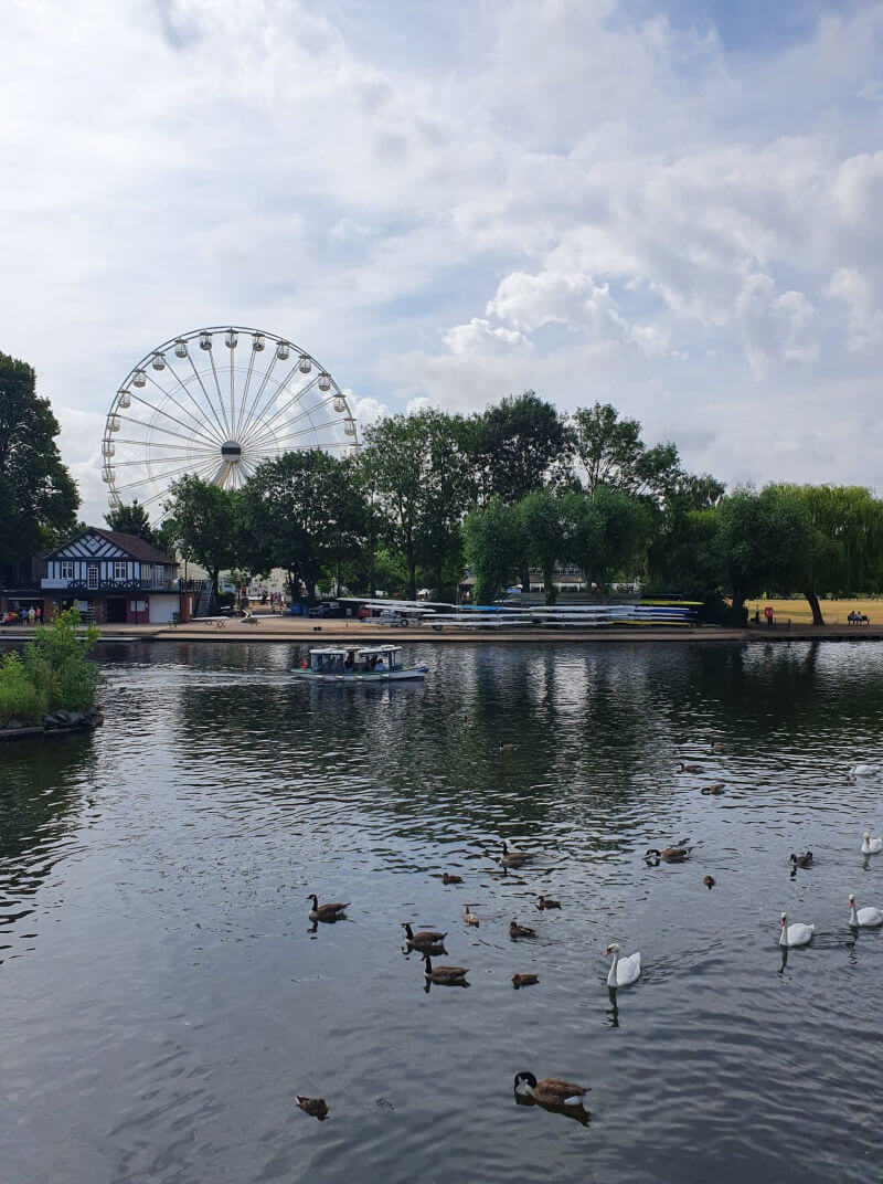river avon at stratford upon avon with the big wheel behind
