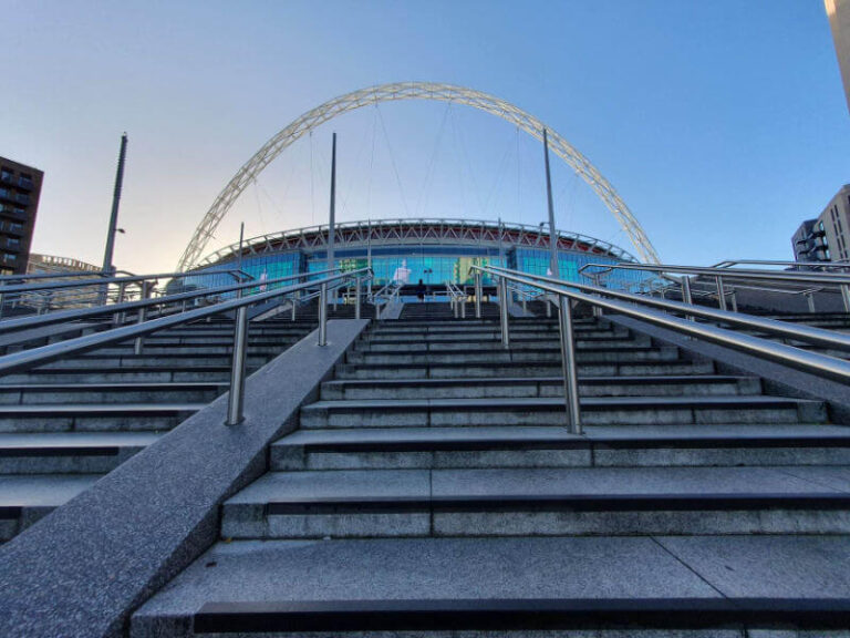 wembley stadium from the steps below looking up to the entrance