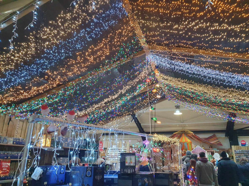 christmas lights and decorations in garden centre